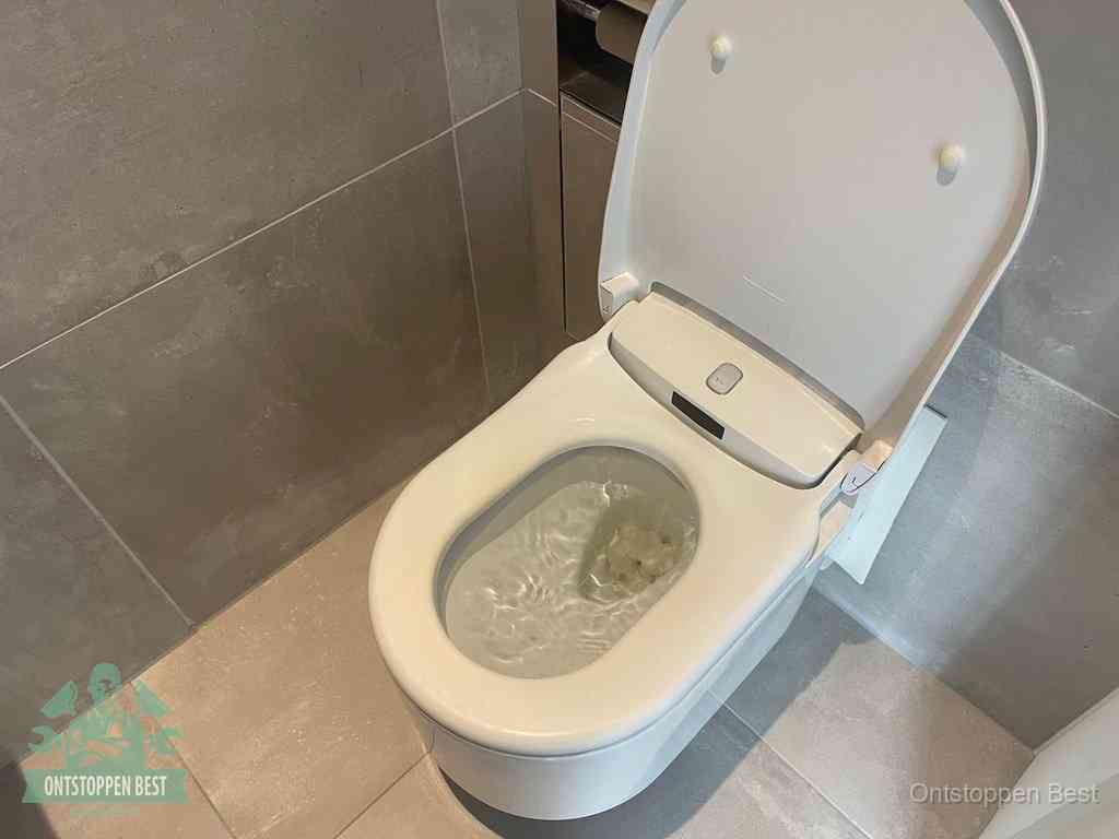 Een toiletpot vol troebel water met drijvend papier en restanten, de meest voorkomende oorzaak van een verstopte wc in Best