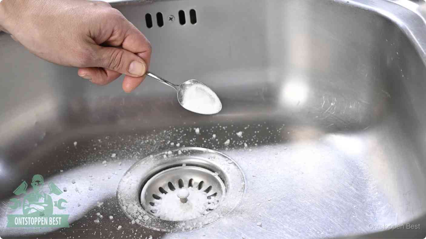 Een hand strooit met een lepel soda in een afvoerputje, de soda en azijn huismiddel-methode om de wc te ontstoppen in Best