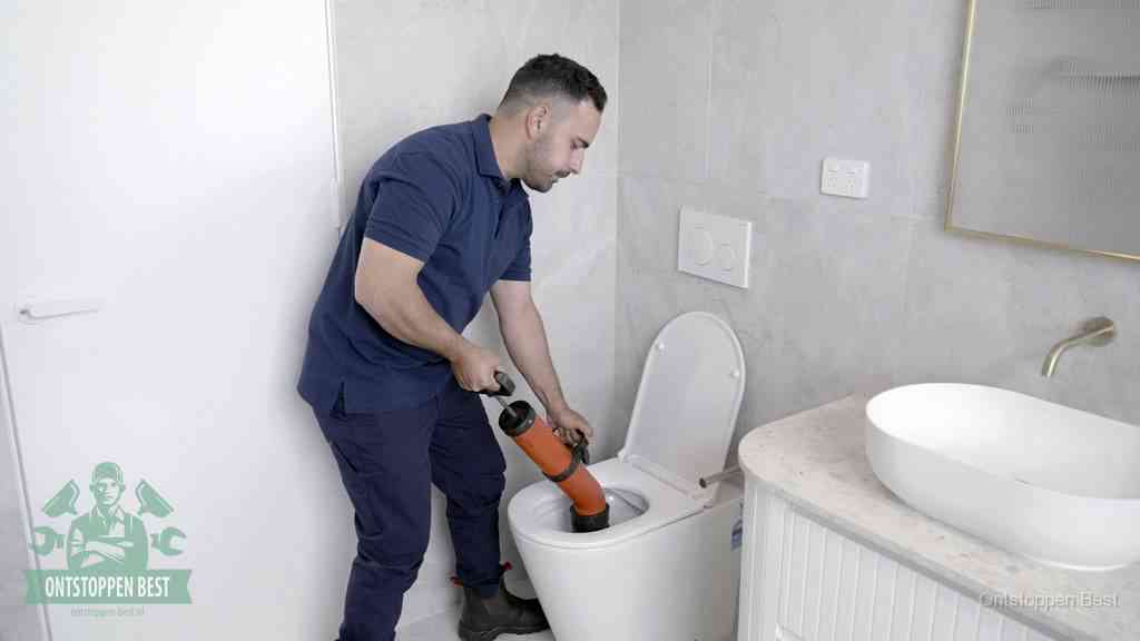 Een monteur gebruikt een handmatige perspomp (toiletontstopper) op een wandcloset tijdens het professioneel wc ontstoppen in Best